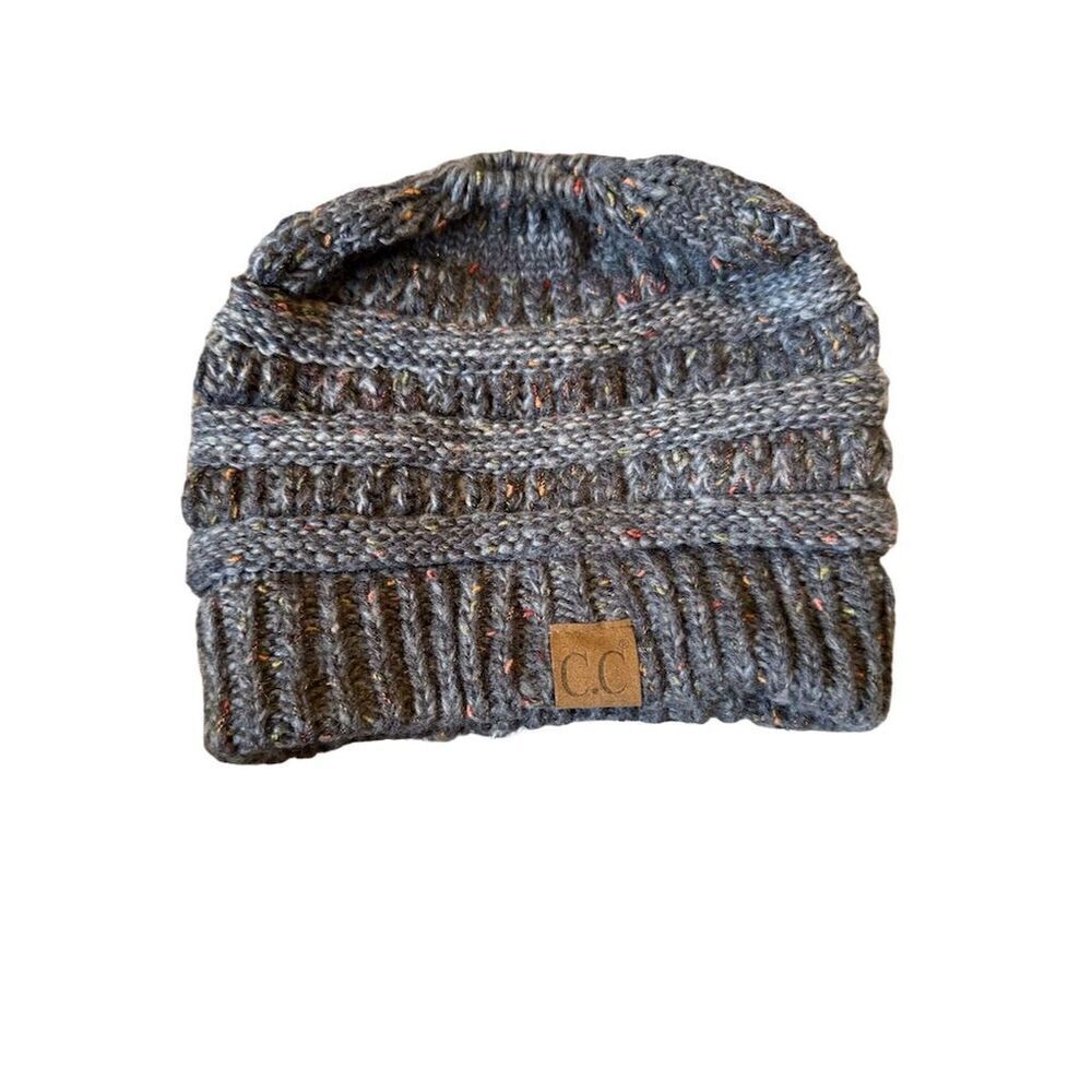 C.C Unisex Confetti Flecked Ponytail Cable Knit Beanie Hat Gray